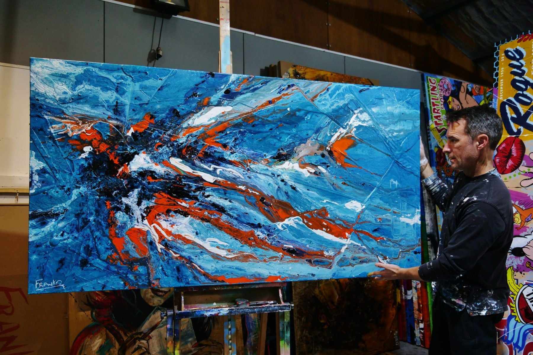 Aqua Duct 190cm x 100cm Blue Orange Textured Abstract Painting (SOLD)-Abstract-Franko-[franko_artist]-[Art]-[interior_design]-Franklin Art Studio