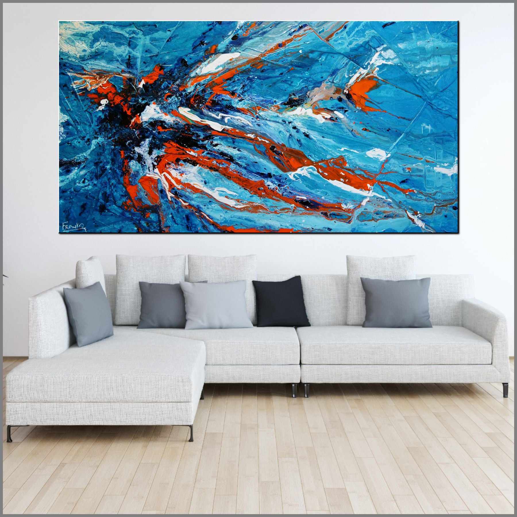 Aqua Duct 190cm x 100cm Blue Orange Textured Abstract Painting (SOLD)-Abstract-Franko-[Franko]-[huge_art]-[Australia]-Franklin Art Studio