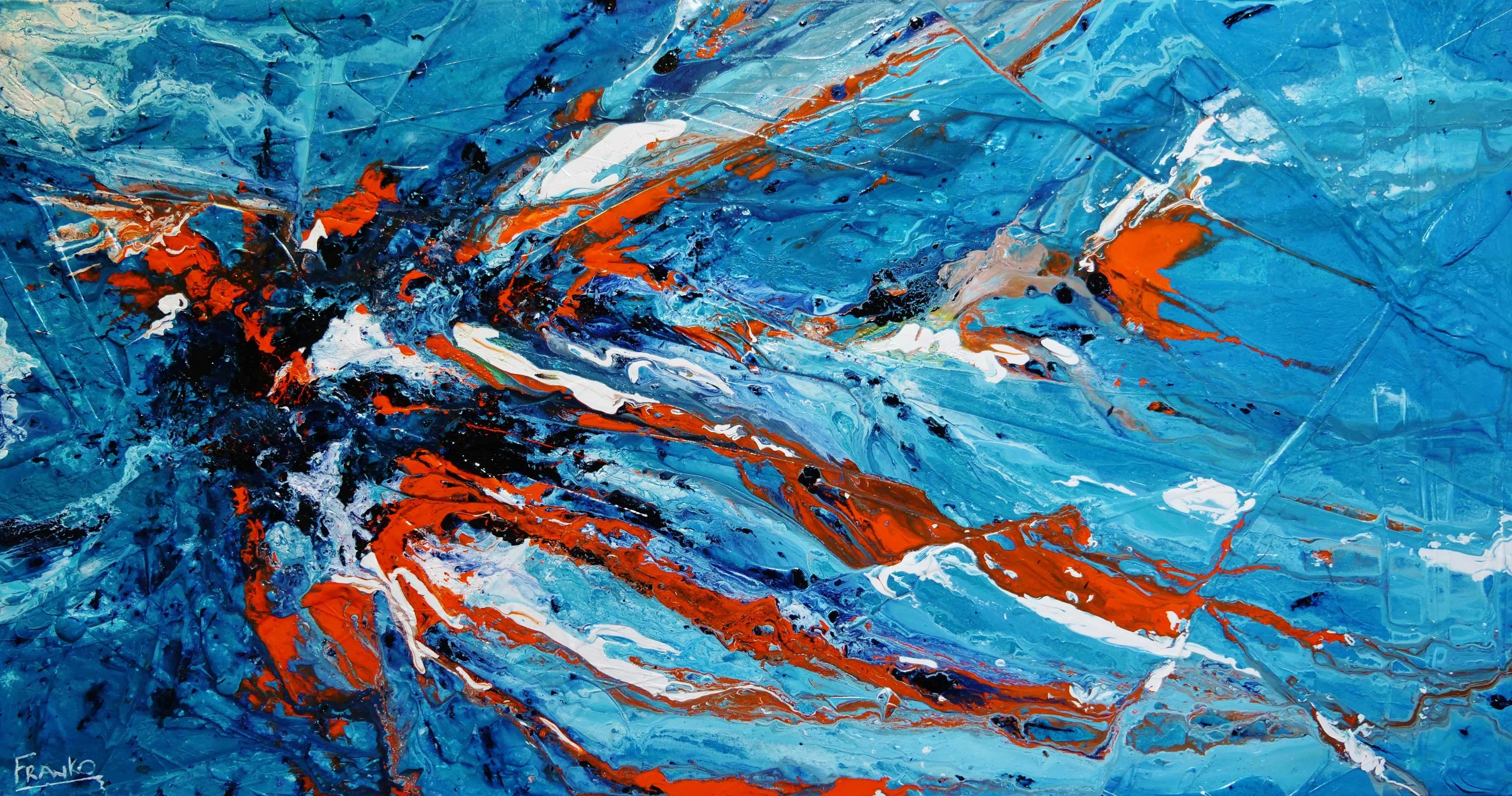 Aqua Duct 190cm x 100cm Blue Orange Textured Abstract Painting (SOLD)-Abstract-Franko-[Franko]-[Australia_Art]-[Art_Lovers_Australia]-Franklin Art Studio
