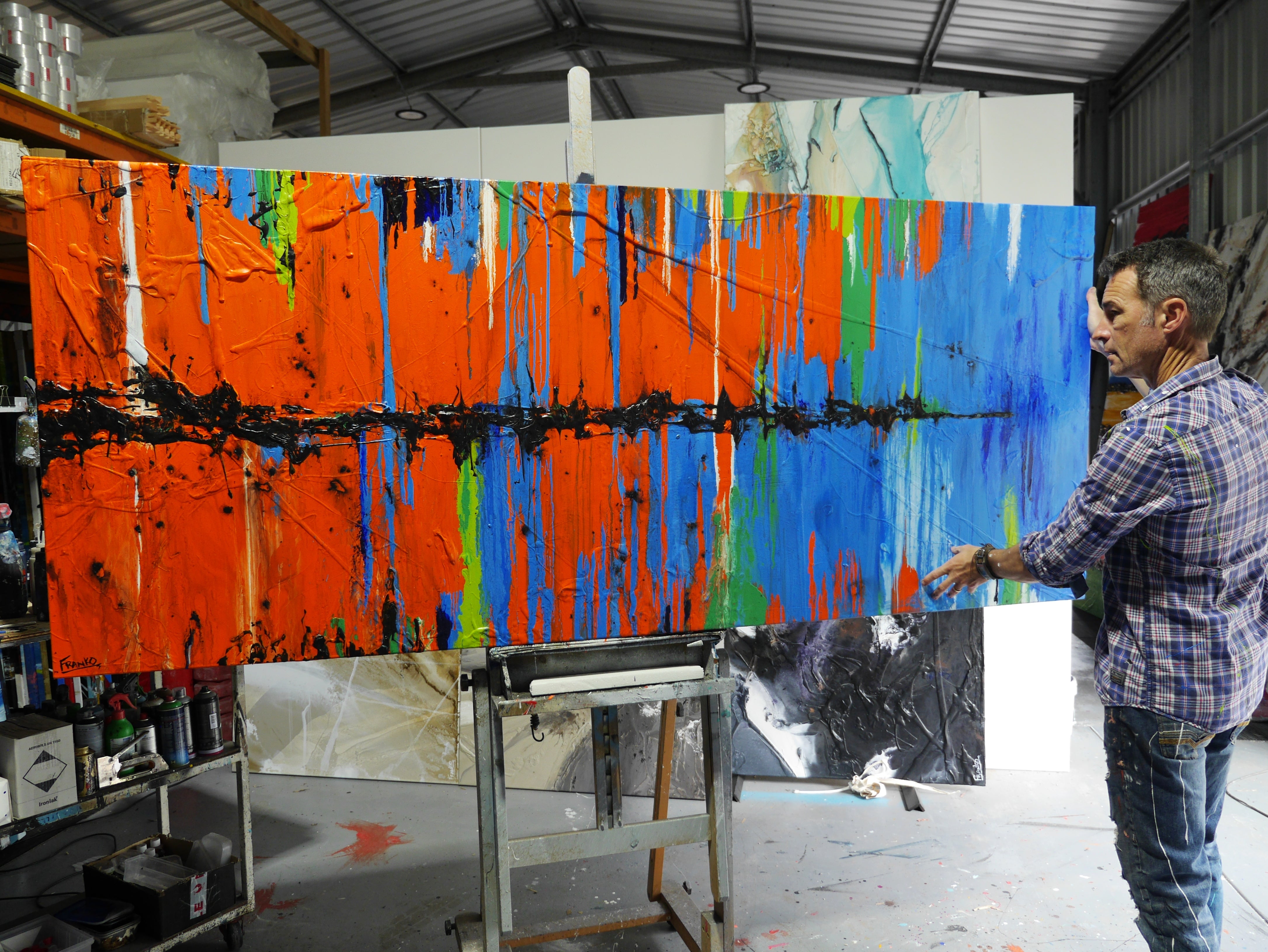 Blue Sunsets 240cm x 100cm Orange Blue Textured Abstract Painting (SOLD)-Abstract-[Franko Artist]-[Gold Coast]-[Brisbane]-[Huge]-Franklin Art Studio