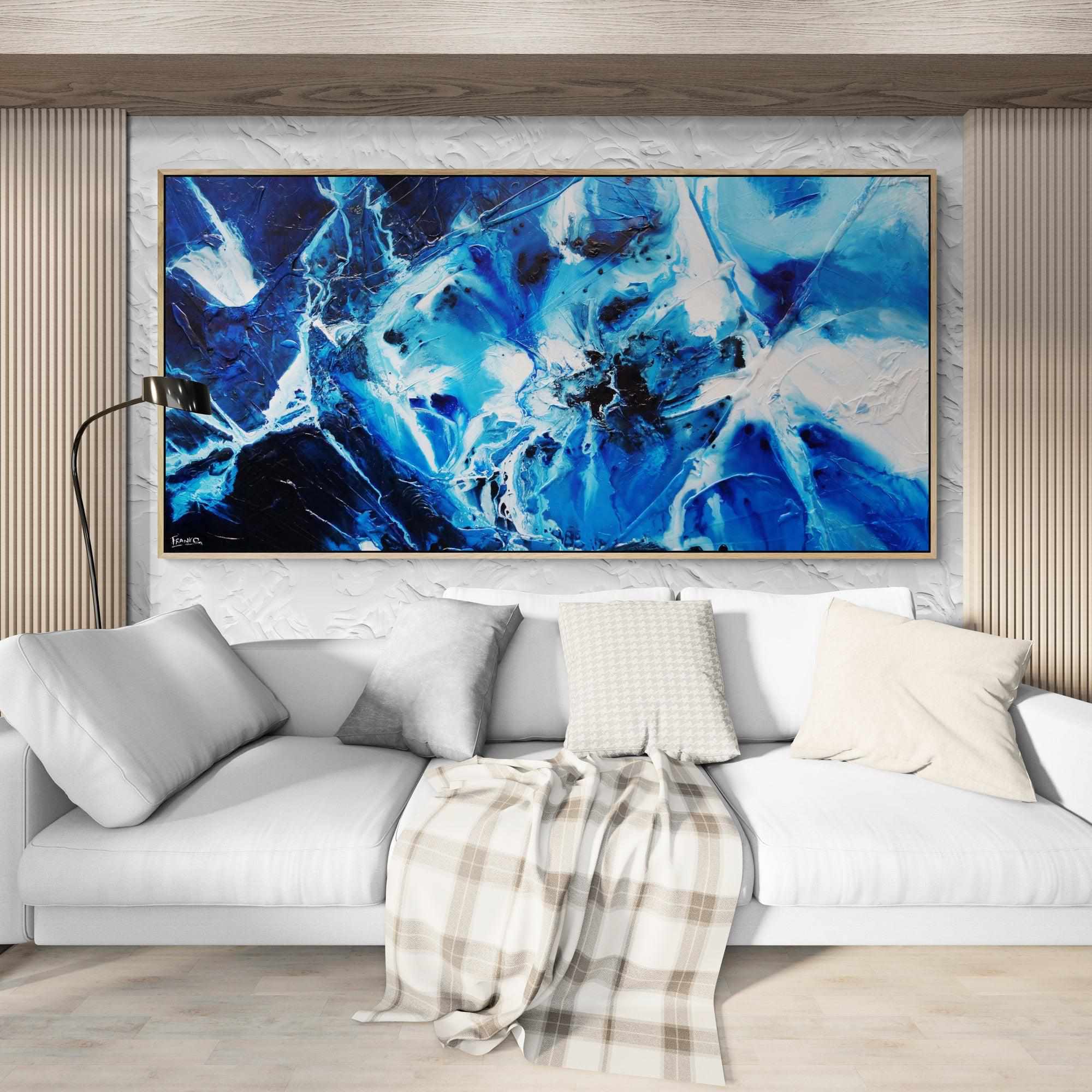 Blue Theory 200cm x 100cm Blue White Textured Abstract Painting-Abstract-Franko-[franko_art]-[beautiful_Art]-[The_Block]-Franklin Art Studio