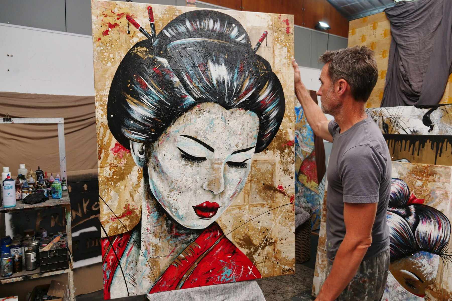Cherry Kanji 140cm x 100cm Geisha Abstract Realism Book Club Painting-book club-Franko-[franko_art]-[beautiful_Art]-[The_Block]-Franklin Art Studio