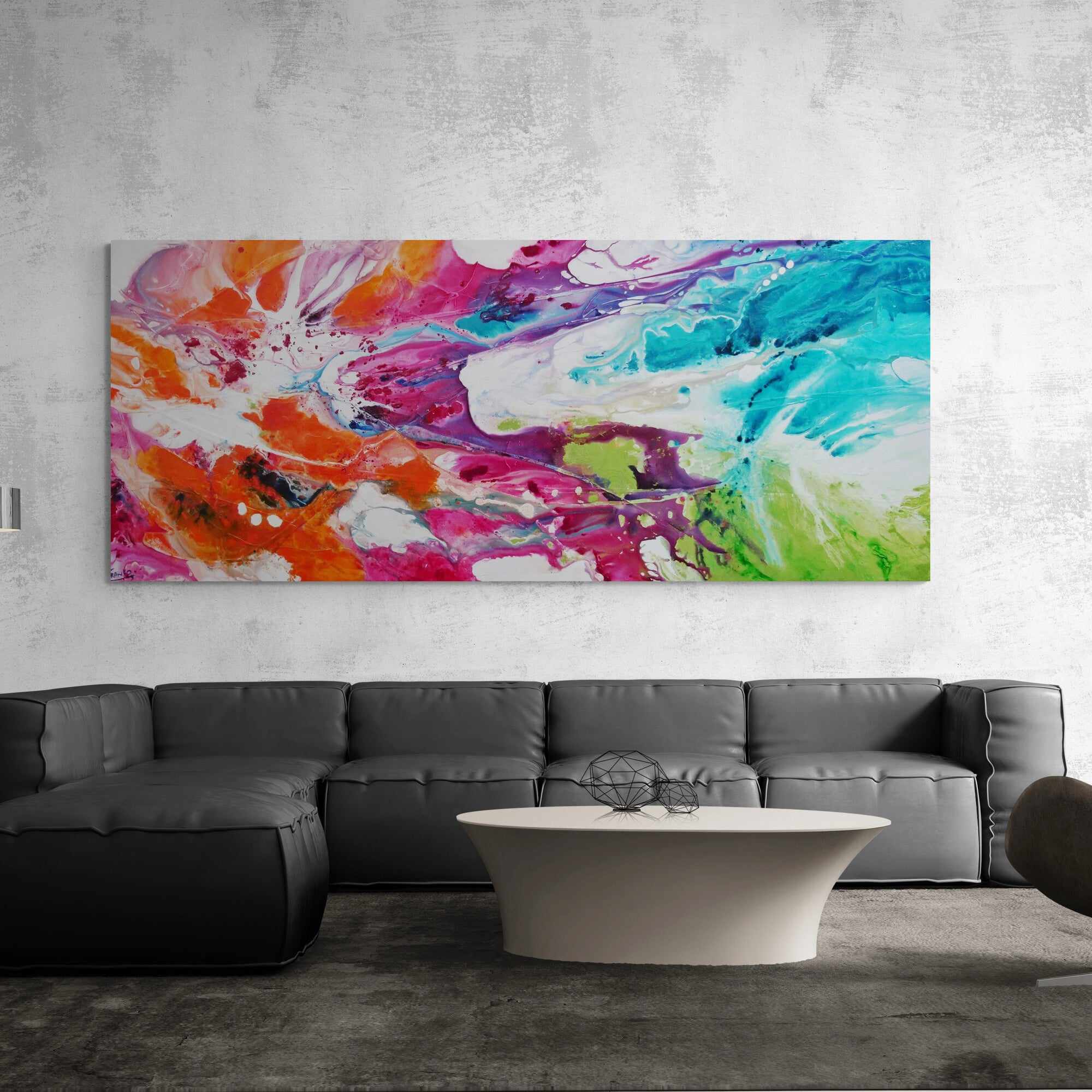 Colour Melt 240cm x 100cm Colourful Textured Abstract Painting (SOLD)-Abstract-Franko-[franko_art]-[beautiful_Art]-[The_Block]-Franklin Art Studio