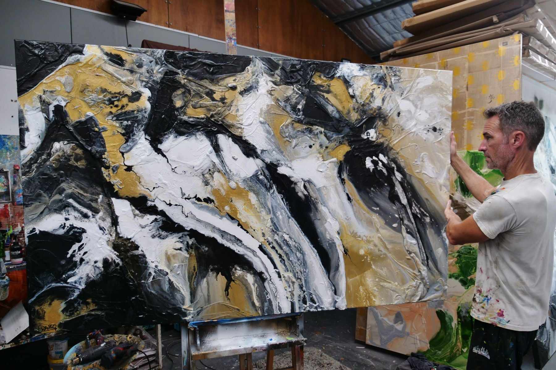 Golden Pearl 200cm x 120cm Black Gold White Textured Abstract Painting-Abstract-Franko-[franko_artist]-[Art]-[interior_design]-Franklin Art Studio