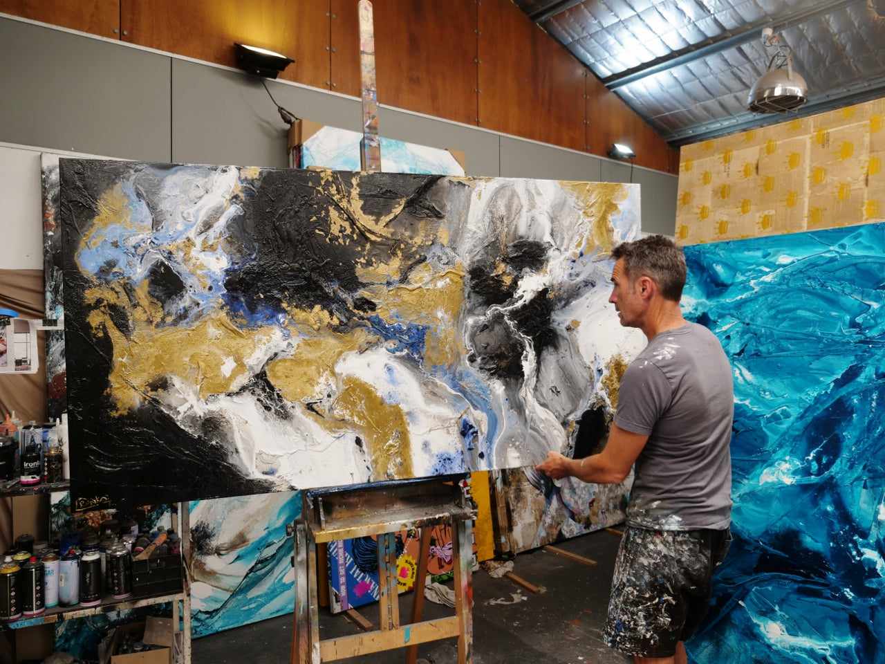 Golden Potion 190cm x 100cm Paynes Grey Gold Black Textured Abstract Painting (SOLD)-Abstract-Franko-[franko_art]-[beautiful_Art]-[The_Block]-Franklin Art Studio