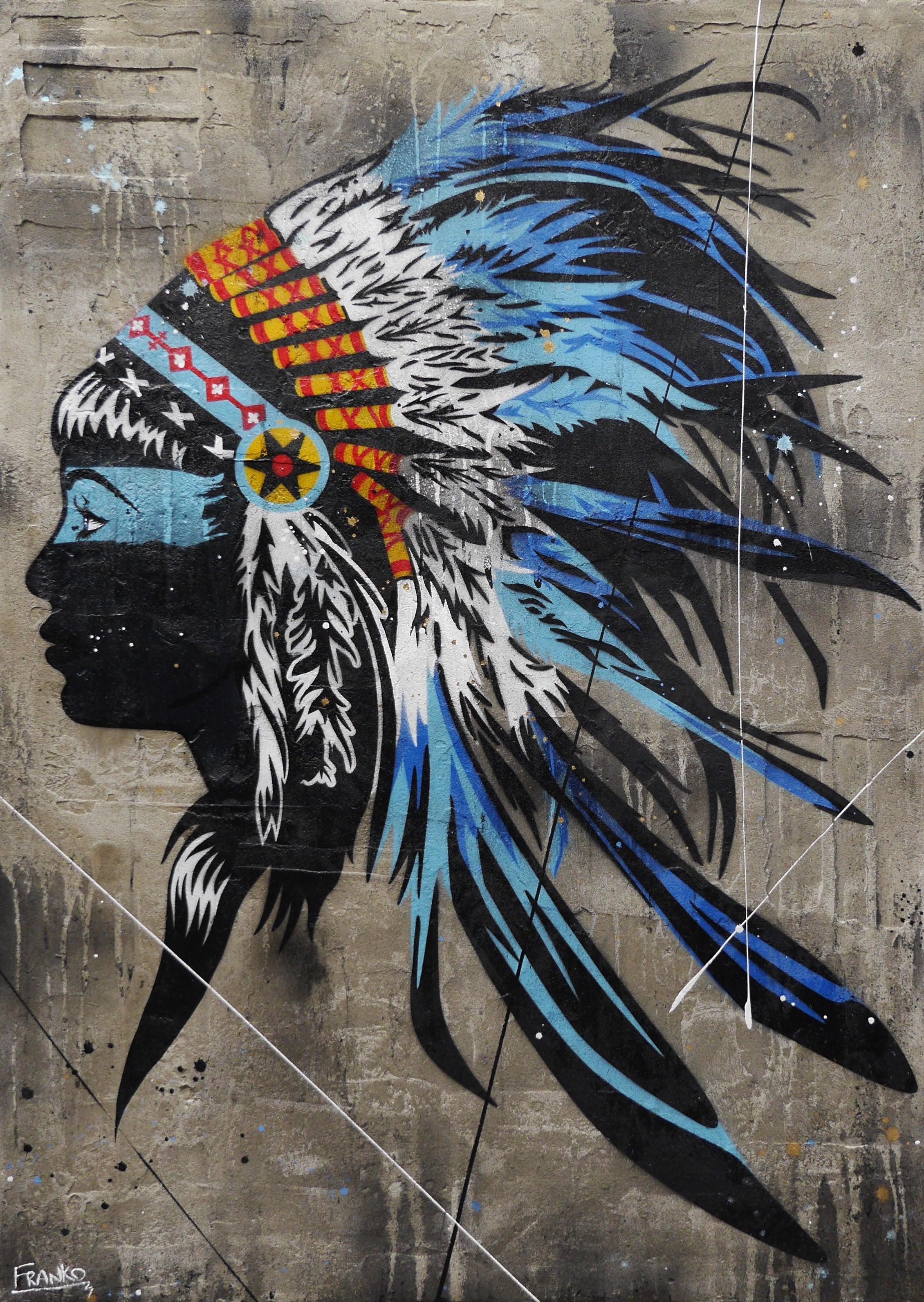 Blue Feathers 100cm x 140cm Indian Headdress Concrete Textured Urban Pop Art Painting-Urban Pop Art-[Franko]-[Australian Artist]-[Large]-[Popular]-Franklin Art Studio