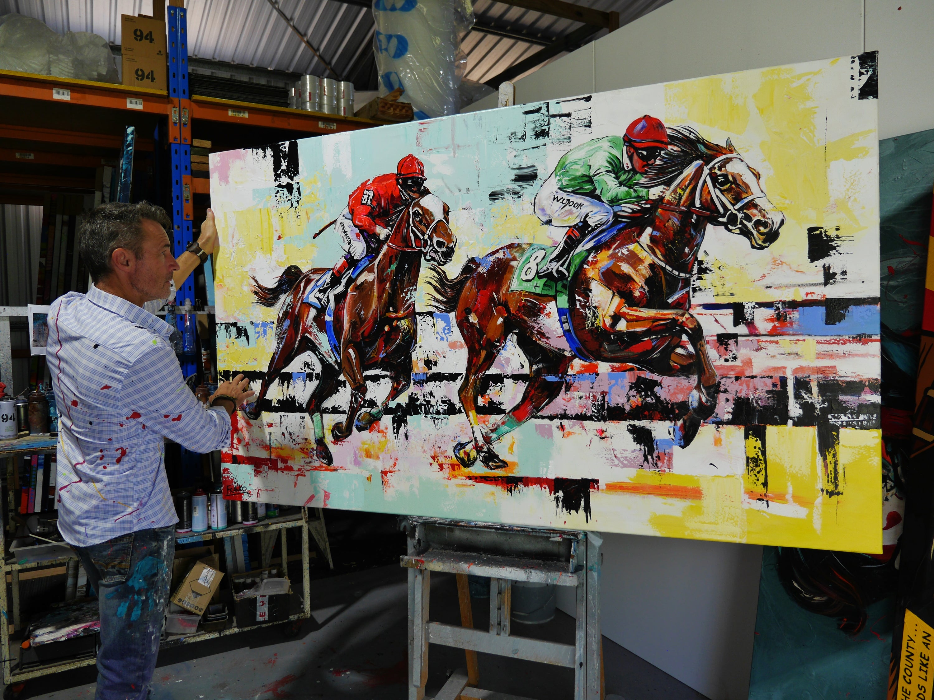 The Finish 200cm x 120cm Horse Racing Abstract Realism Framed Textured Painting