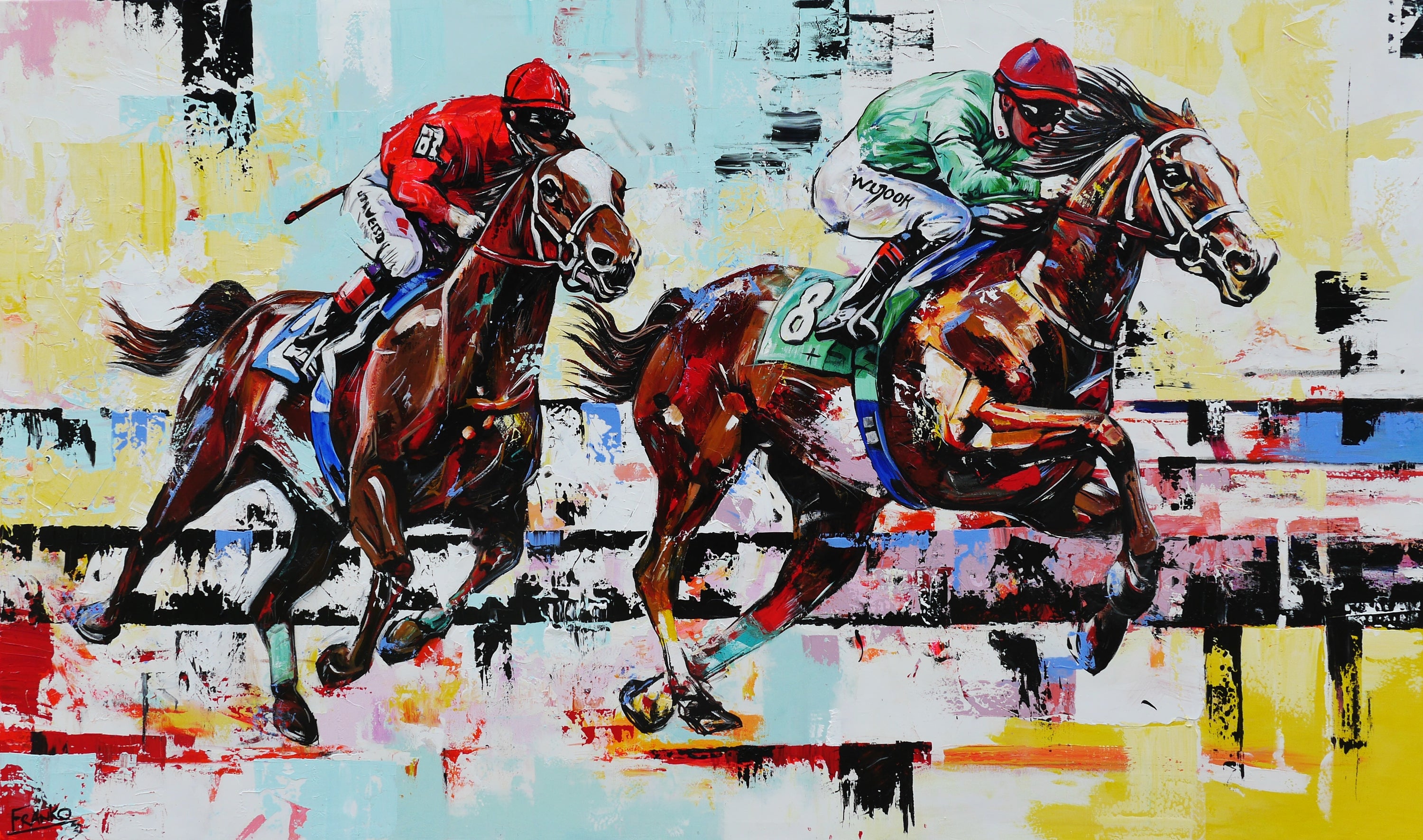 The Finish 200cm x 120cm Horse Racing Abstract Realism Framed Textured Painting