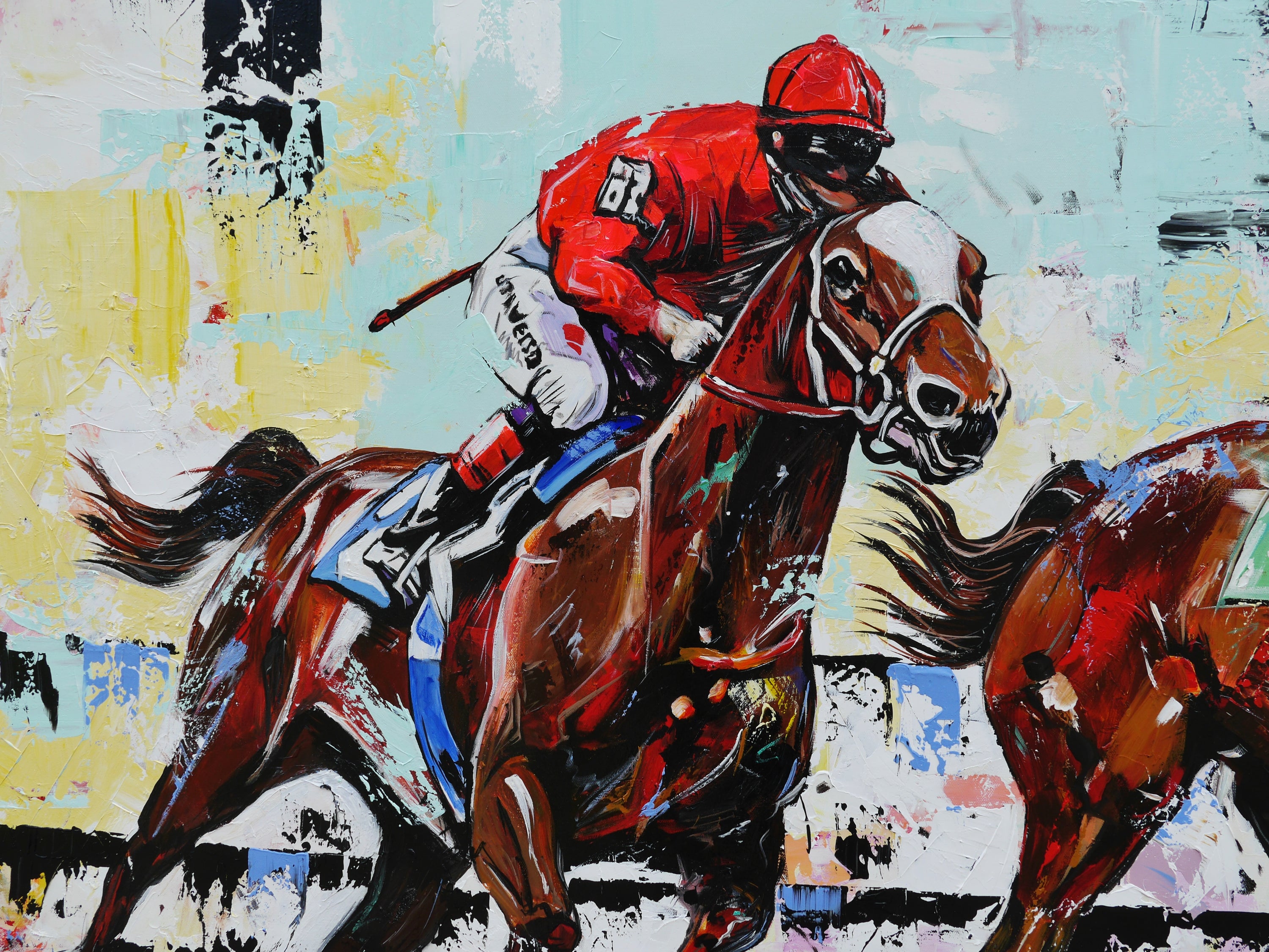 The Finish 200cm x 120cm Horse Racing Abstract Realism Framed Textured Painting