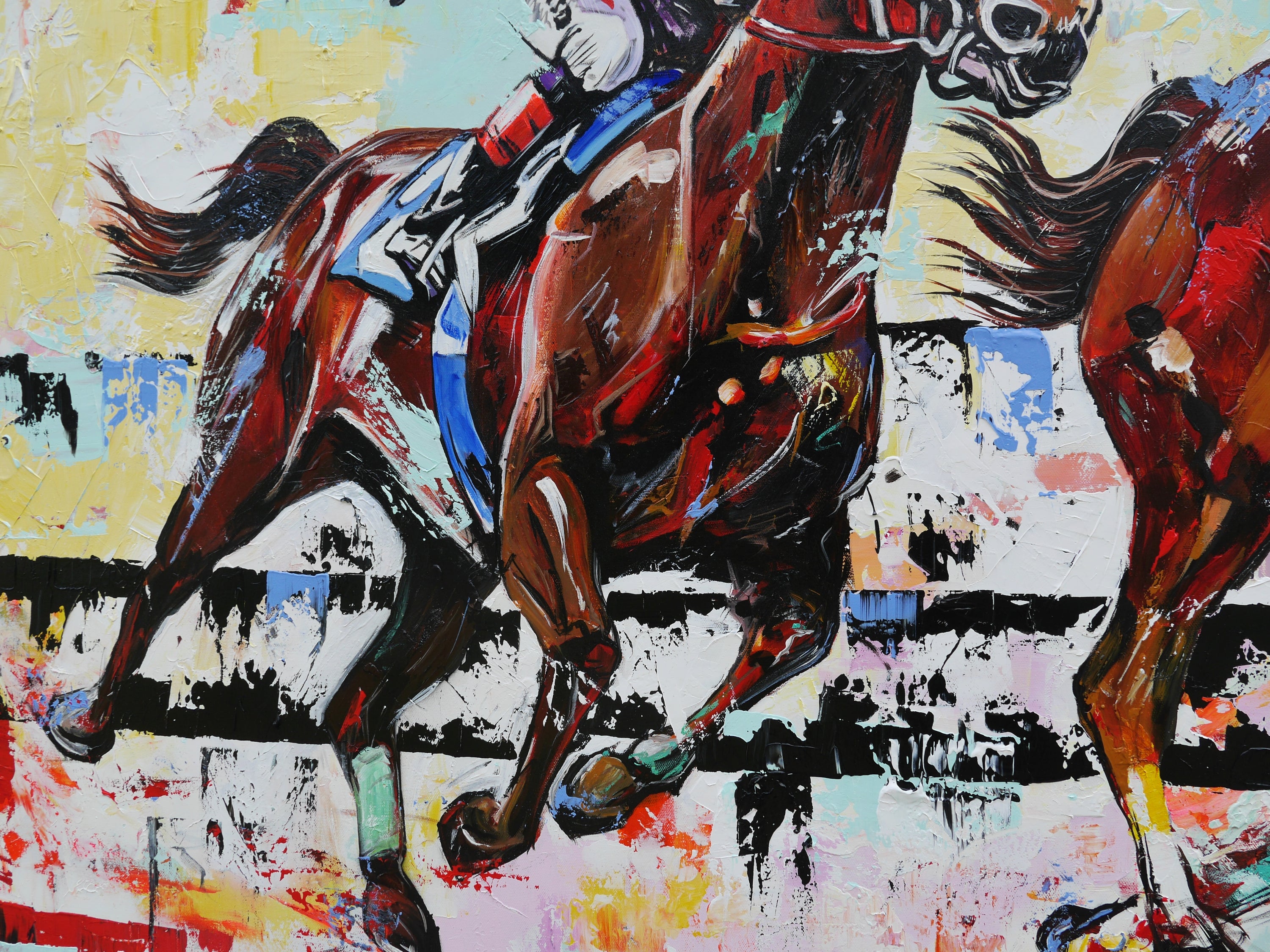 The Finish 200cm x 120cm Horse Racing Abstract Realism Framed Textured Painting