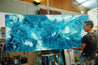 Southern Currents 240cm x 100cm Teal White Ink Textured Abstract Painting-Abstract-Franko-[franko_artist]-[Art]-[interior_design]-Franklin Art Studio