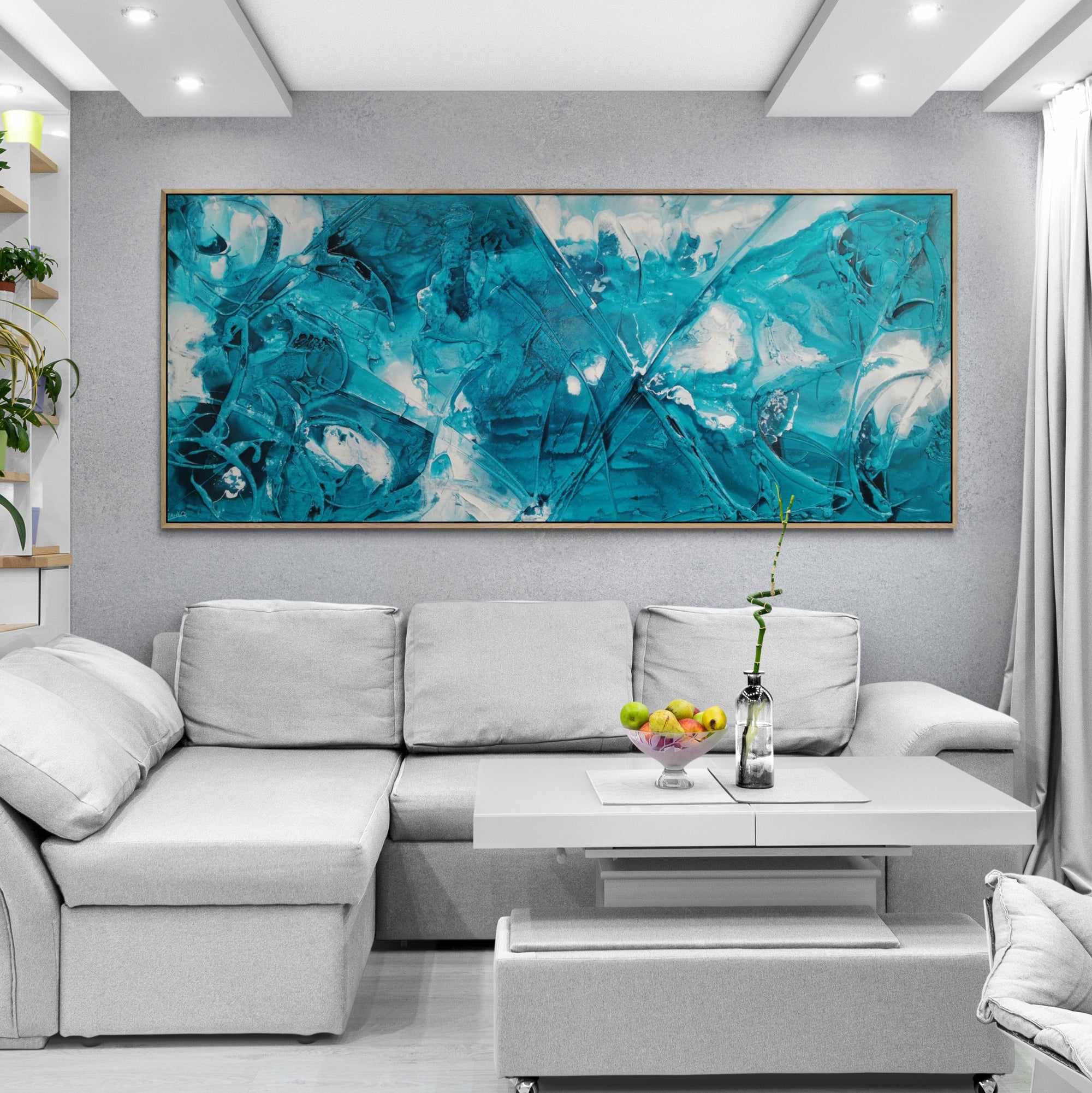 Southern Currents 240cm x 100cm Teal White Ink Textured Abstract Painting-Abstract-Franko-[Franko]-[huge_art]-[Australia]-Franklin Art Studio