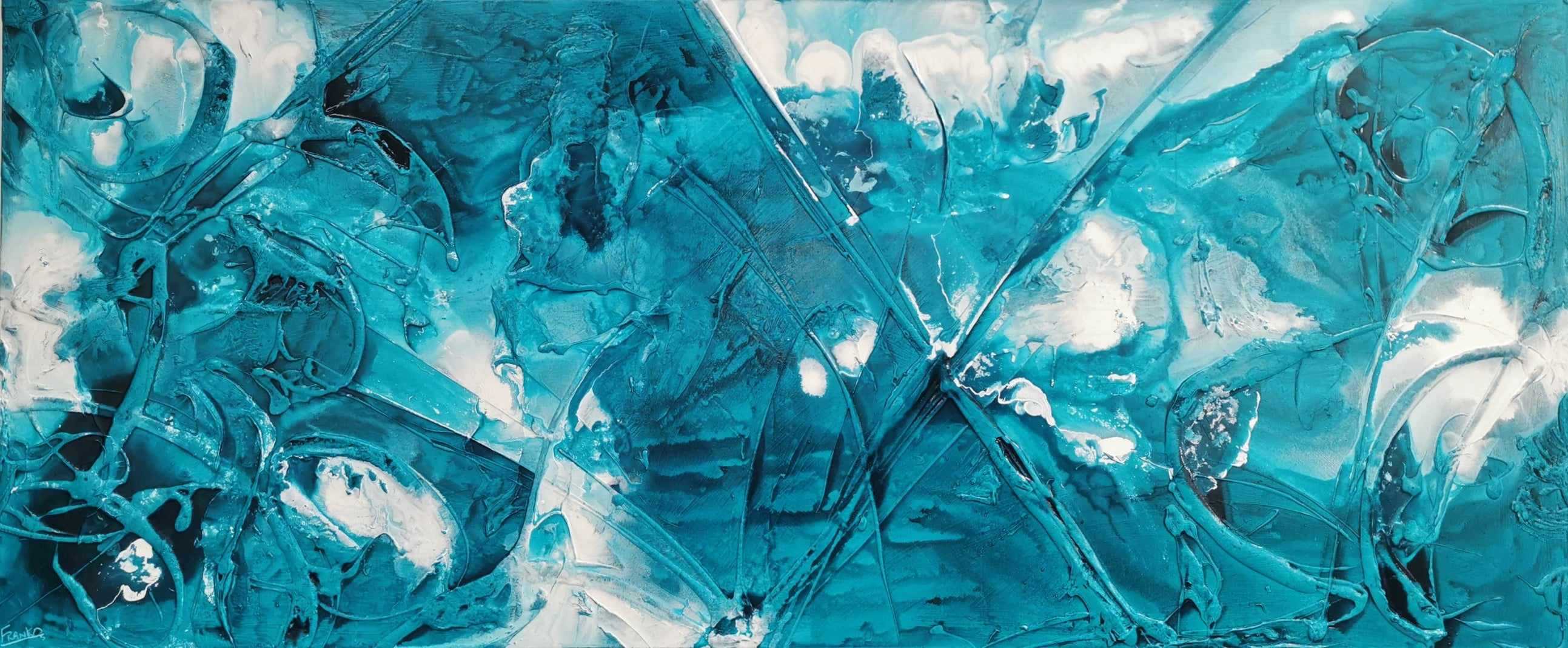 Southern Currents 240cm x 100cm Teal White Ink Textured Abstract Painting-Abstract-Franko-[Franko]-[Australia_Art]-[Art_Lovers_Australia]-Franklin Art Studio