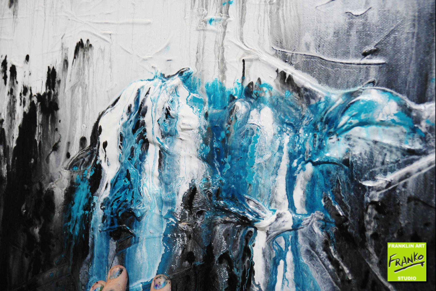 Teal Sass 160cm x 60cm Teal Black White Textured Abstract Painting (SOLD)
