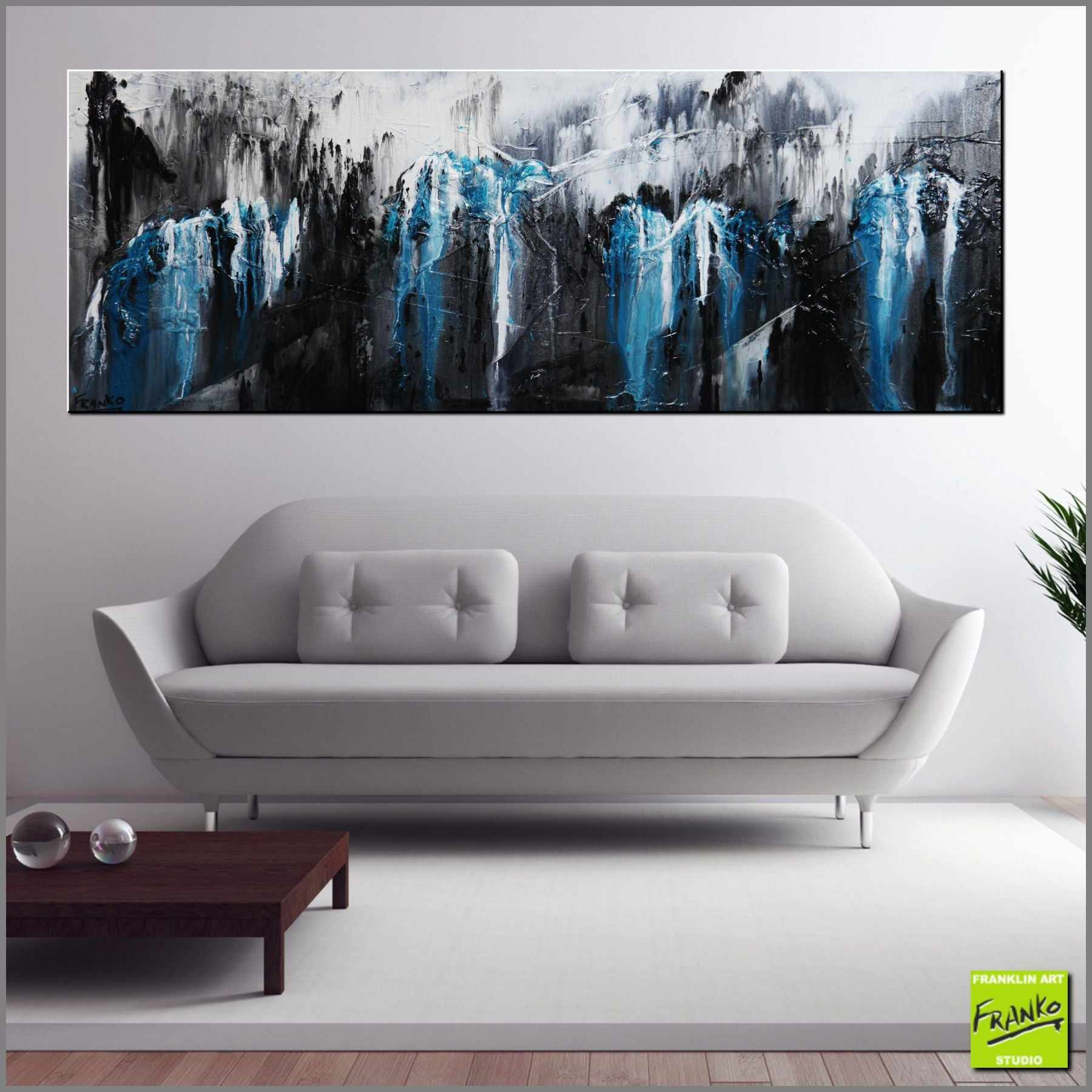 Teal Sass 160cm x 60cm Teal Black White Textured Abstract Painting (SOLD)-Abstract-Franko-[Franko]-[huge_art]-[Australia]-Franklin Art Studio