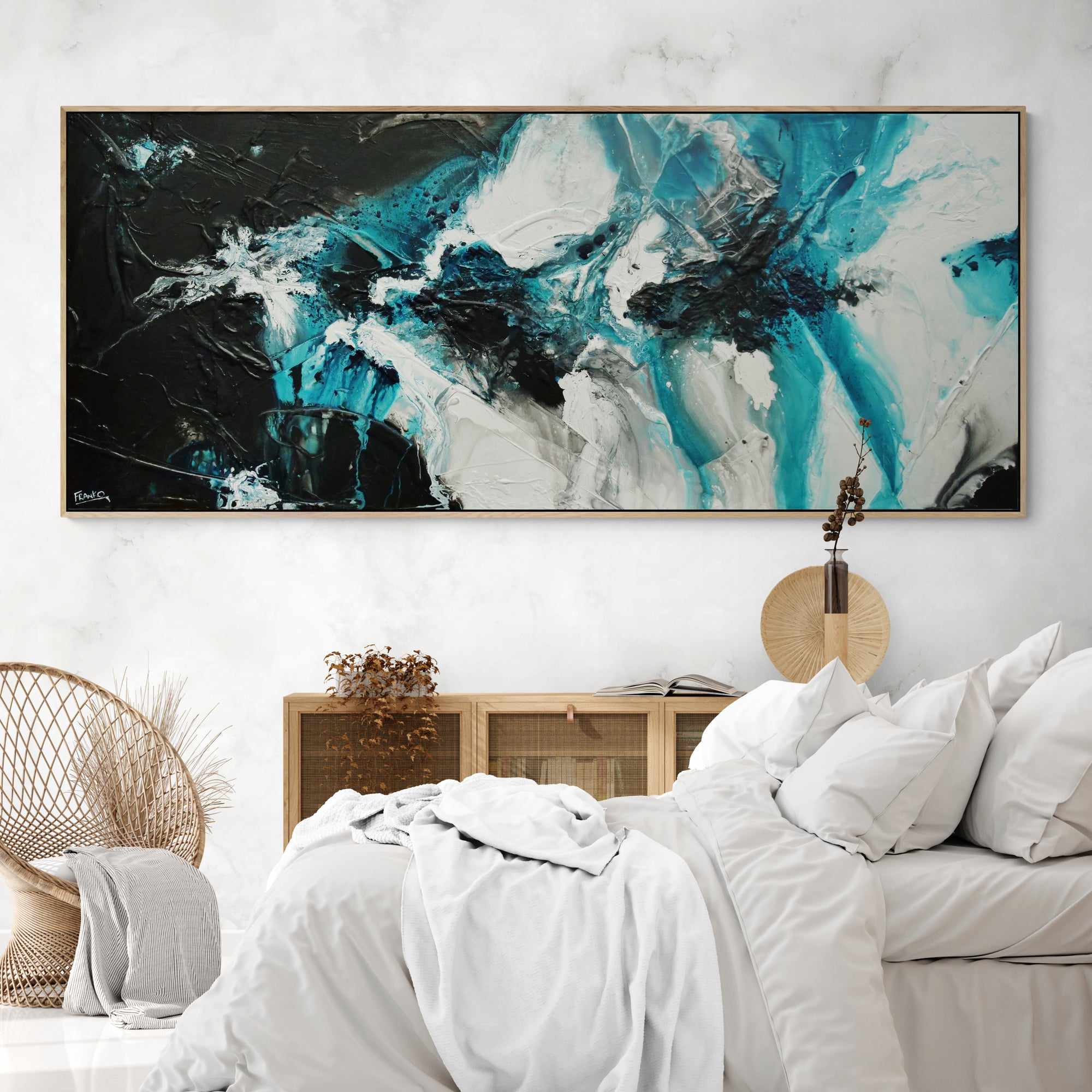 Turquoise Oceans 240cm x 100cm Teal Black White Textured Abstract Painting (SOLD)-Abstract-[Franko Artist]-[Gold Coast]-[Brisbane]-[Huge]-Franklin Art Studio