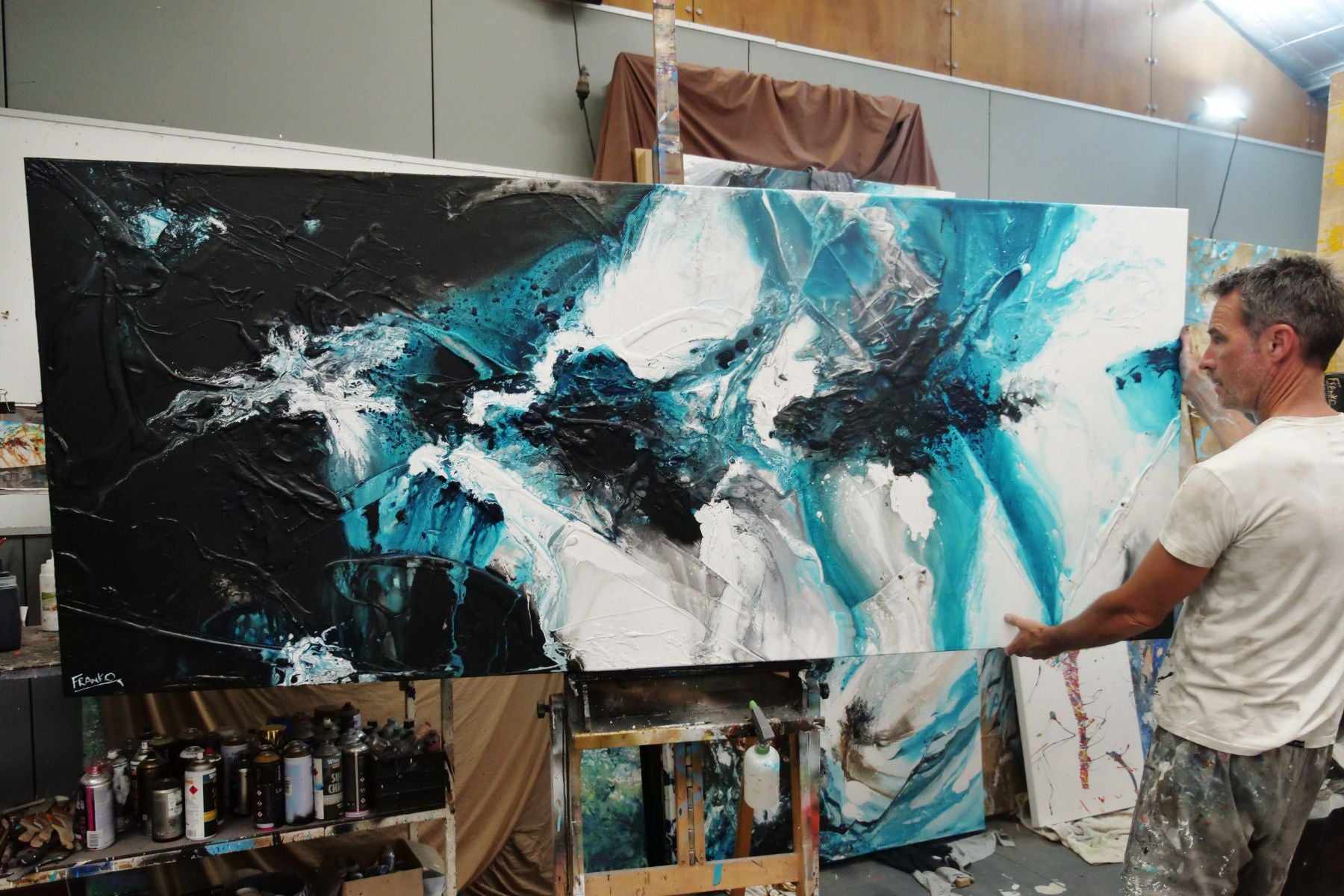 Turquoise Oceans 240cm x 100cm Teal Black White Textured Abstract Painting (SOLD)-Abstract-[Franko Artist]-[Cheryl]-[Wendy]-[Gabriela]-Franklin Art Studio