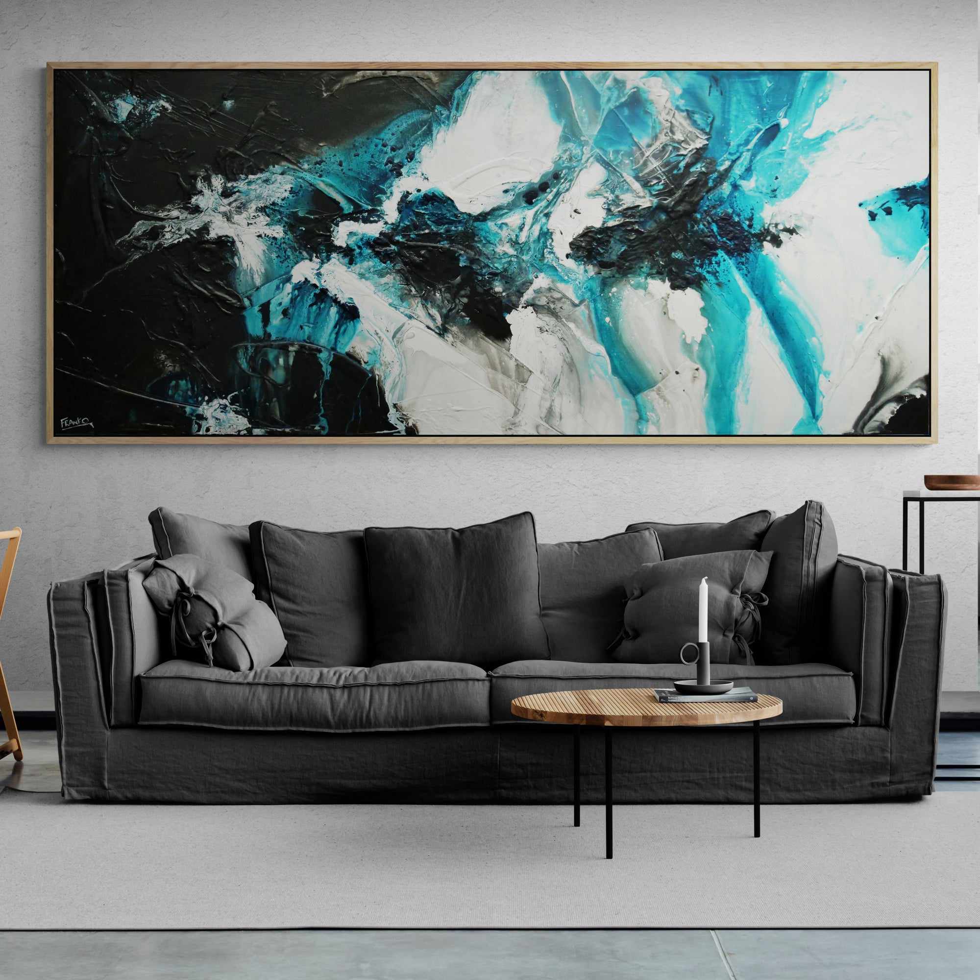 Turquoise Oceans 240cm x 100cm Teal Black White Textured Abstract Painting (SOLD)-Abstract-[Franko]-[Artist]-[Australia]-[Painting]-Franklin Art Studio