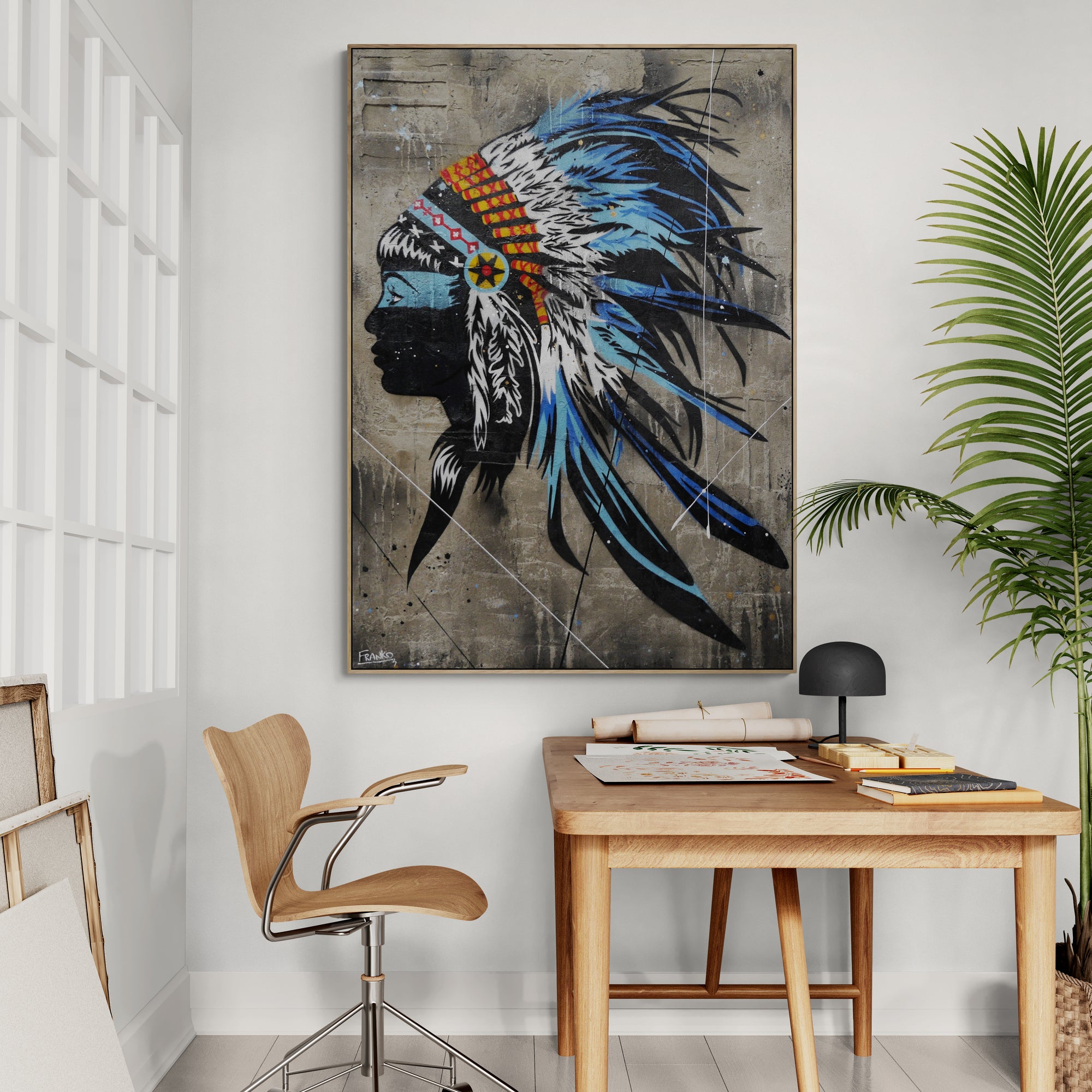 Blue Feathers 100cm x 140cm Indian Headdress Concrete Textured Urban Pop Art Painting-Urban Pop Art-Franko-[huge]-[Australian]-[best Selling]-Franklin Art Studio