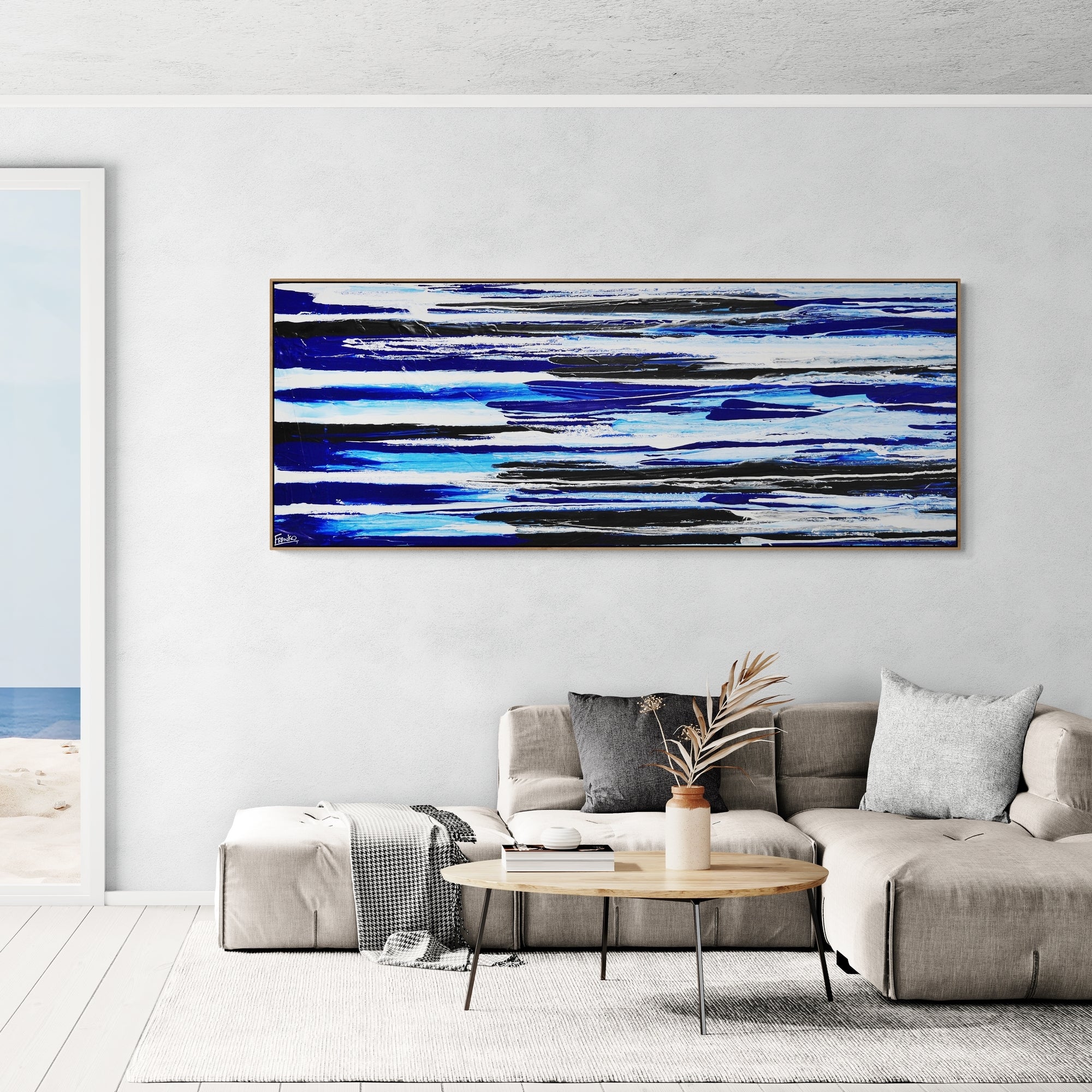 Sapphire Flow 200cm x 80cm Blue White Black Textured Abstract Painting