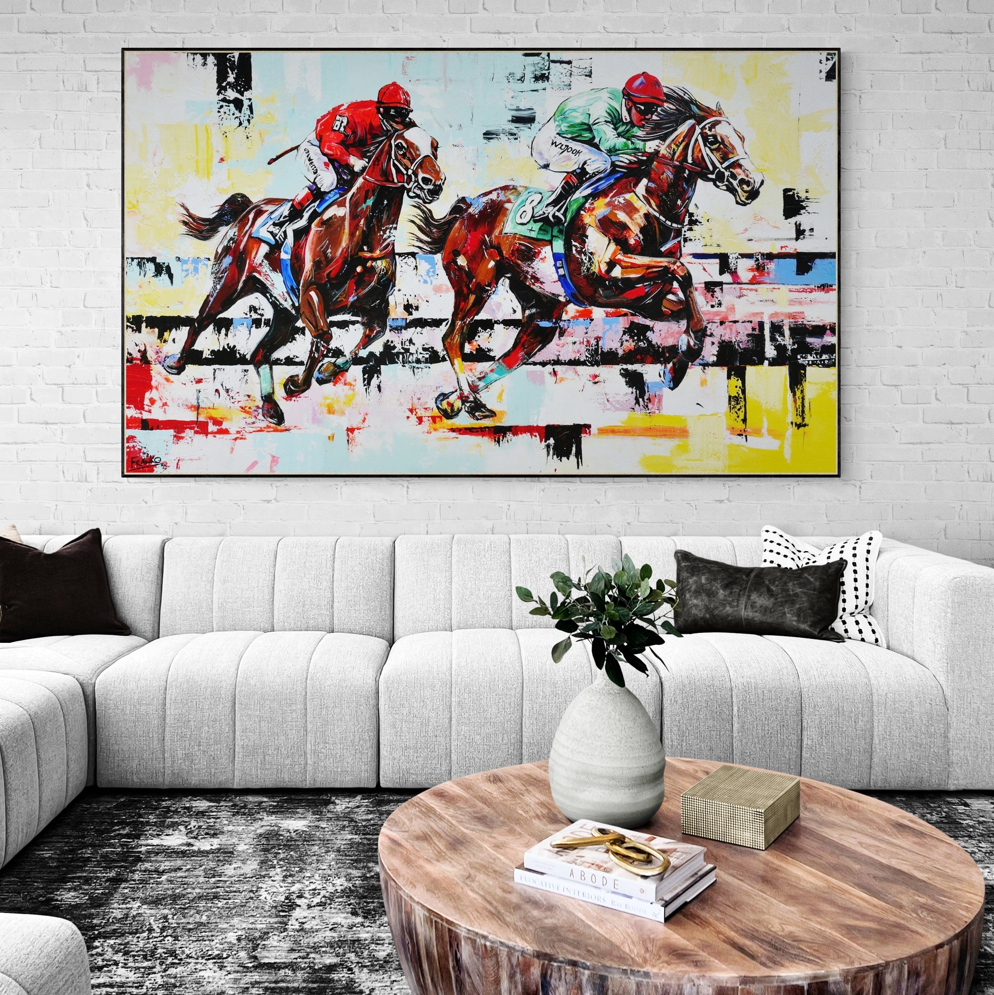 The Finish 200cm x 120cm Horse Racing Abstract Realism Framed Textured Painting