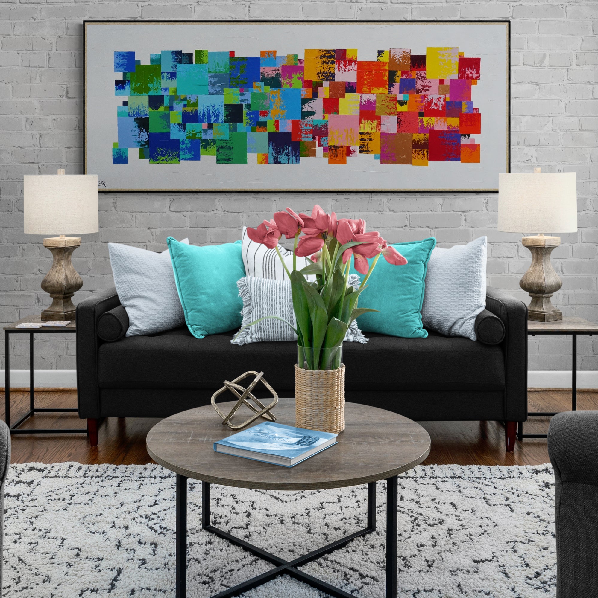 Coloured Checker 200cm x 80cm Textured Pattern Abstract Painting