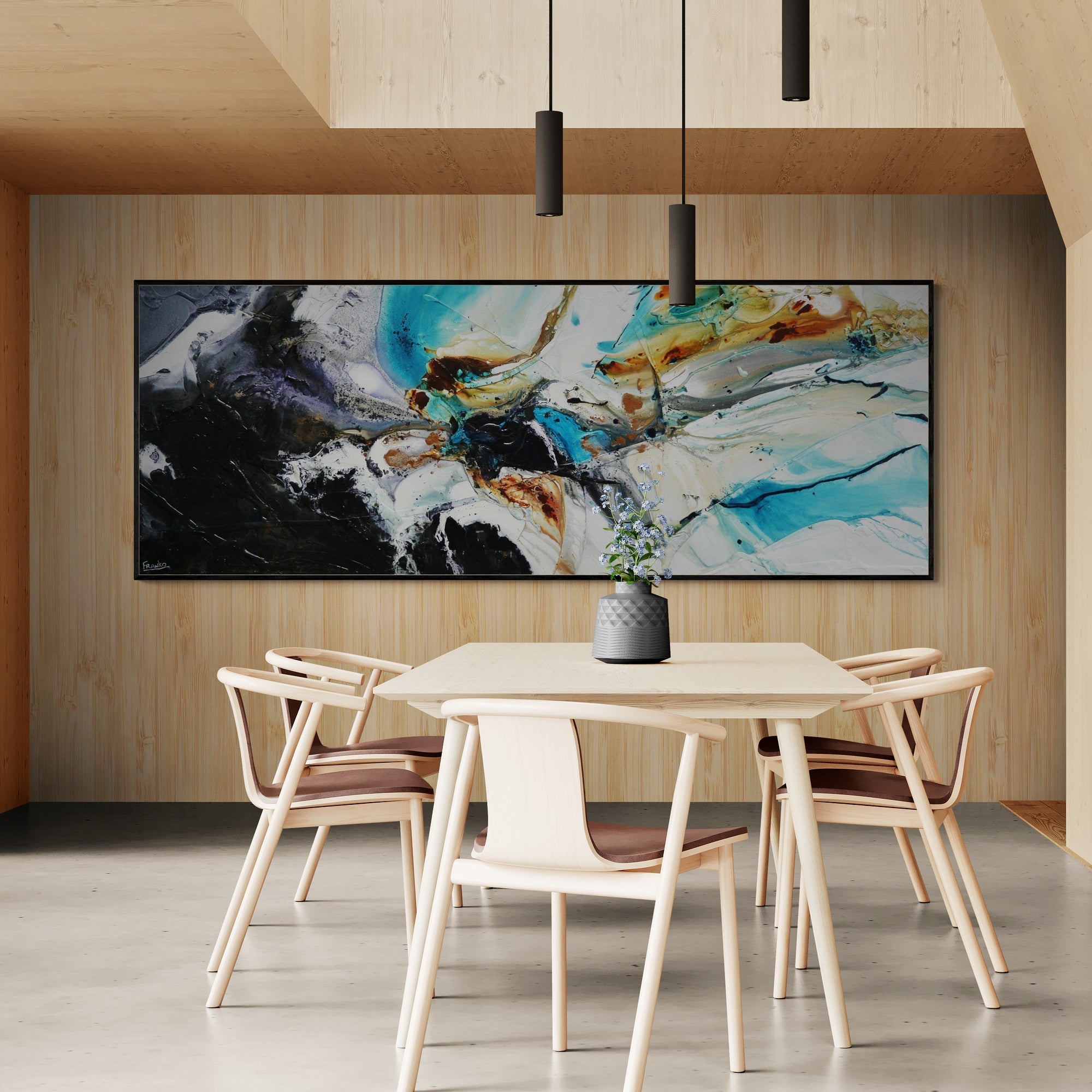 Aqua Evolution 270cm x 100cm Black White Teal Bronze Textured Abstract Painting-Abstract-Franko-[huge]-[Australian]-[best Selling]-Franklin Art Studio