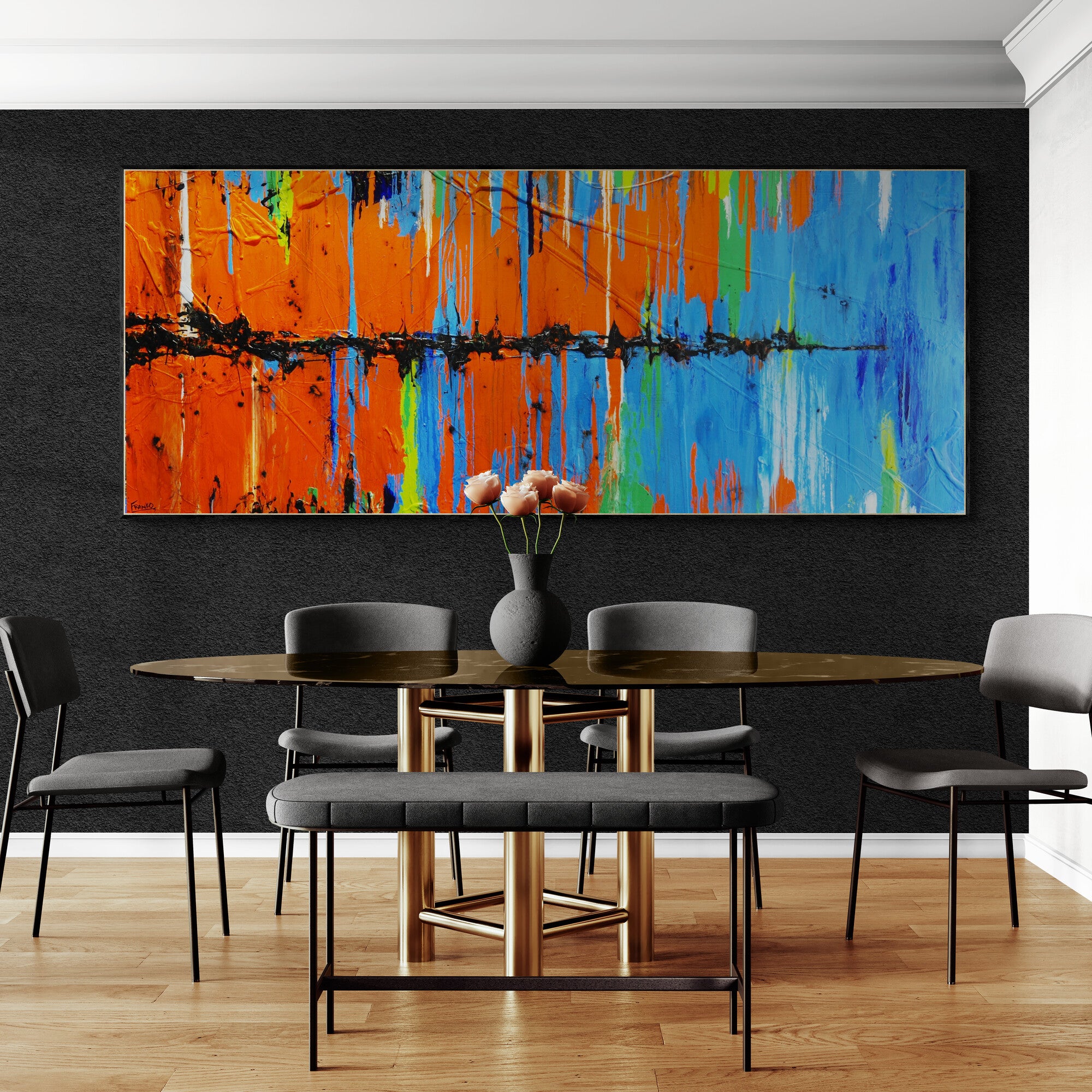 Blue Sunsets 240cm x 100cm Orange Blue Textured Abstract Painting (SOLD)-Abstract-Franko-[huge]-[Australian]-[best Selling]-Franklin Art Studio