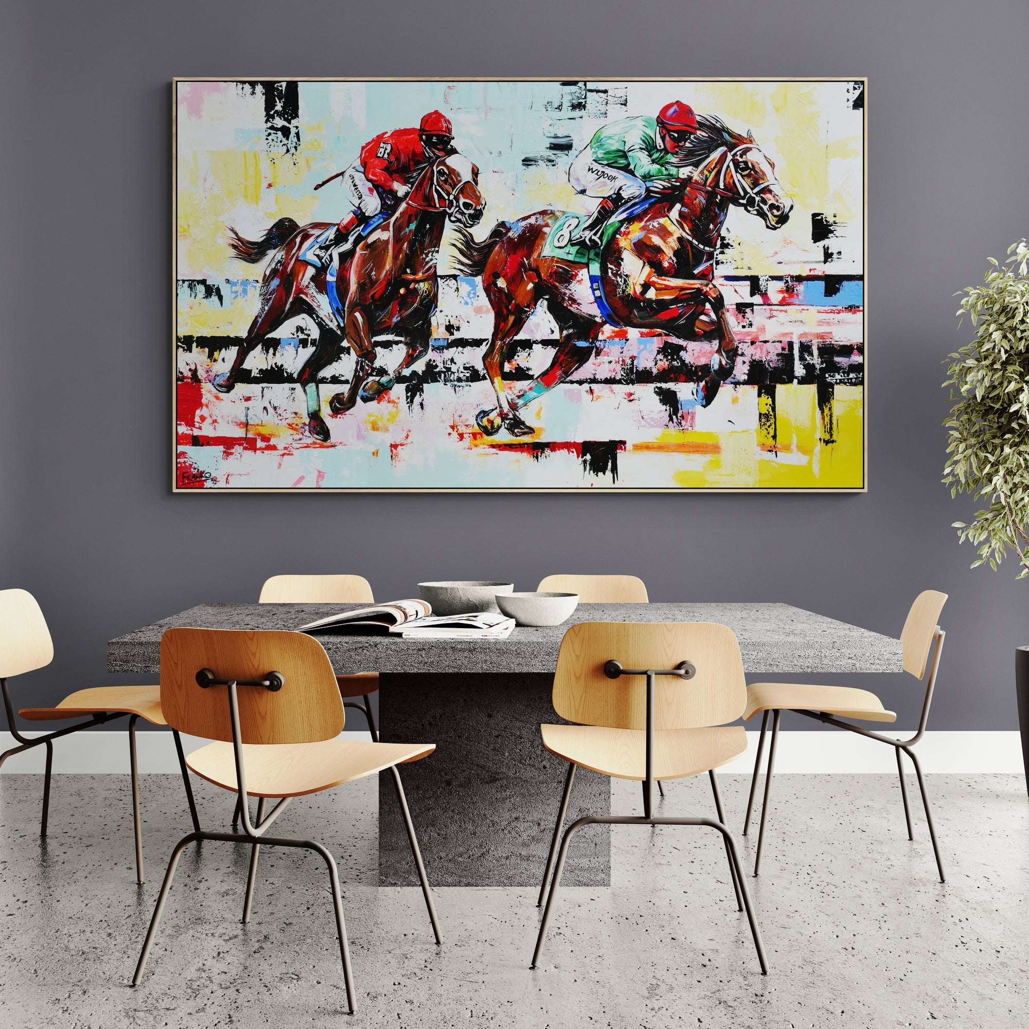 The Finish 200cm x 120cm Horse Racing Abstract Realism Framed Textured Painting