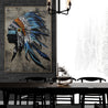 Blue Feathers 100cm x 140cm Indian Headdress Concrete Textured Urban Pop Art Painting-Urban Pop Art-[Franko Artist]-[The Block]-[Dream Homes]-[ideas]-Franklin Art Studio