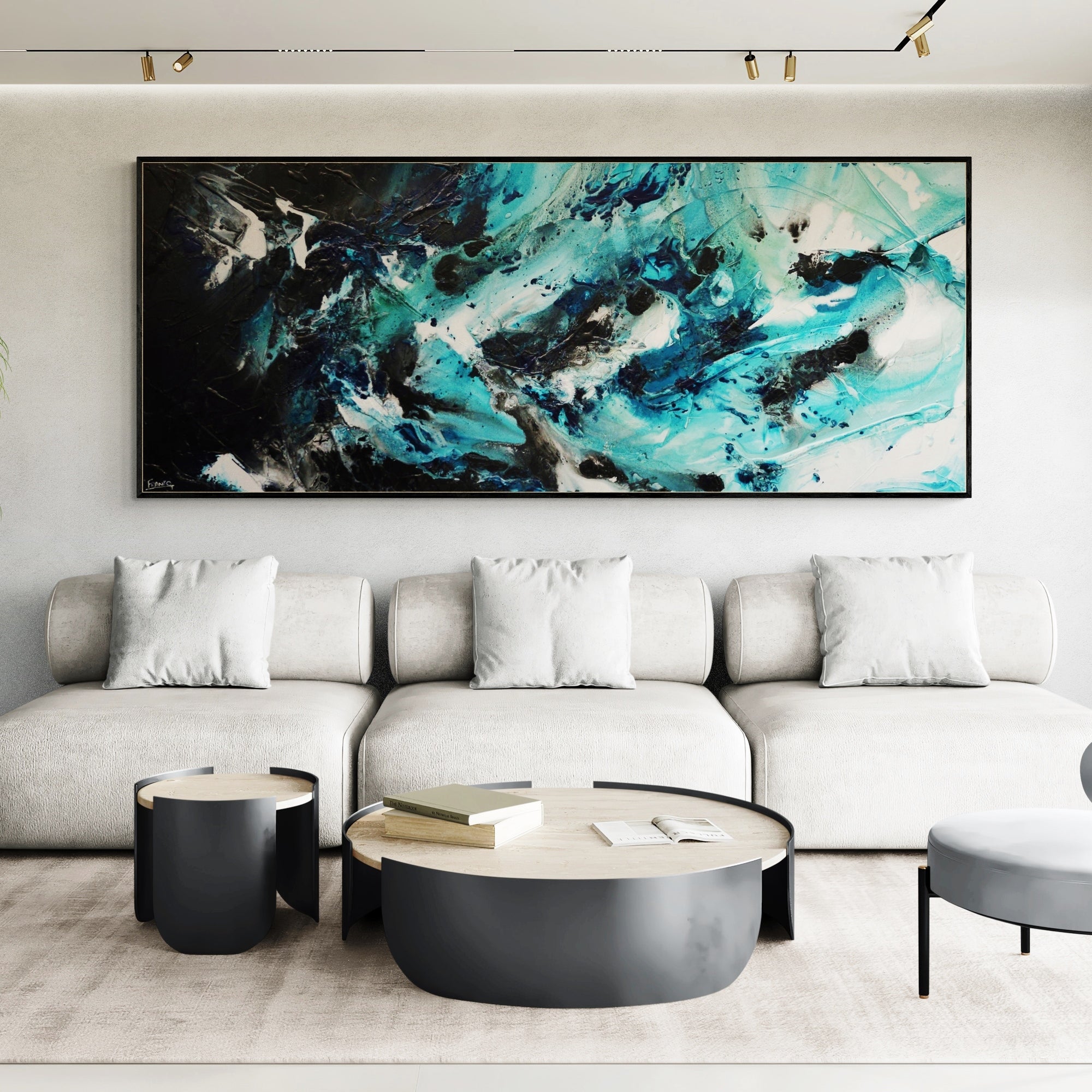 Southern Impact 240cm x 100cm Teal Black Textured Abstract Painting
