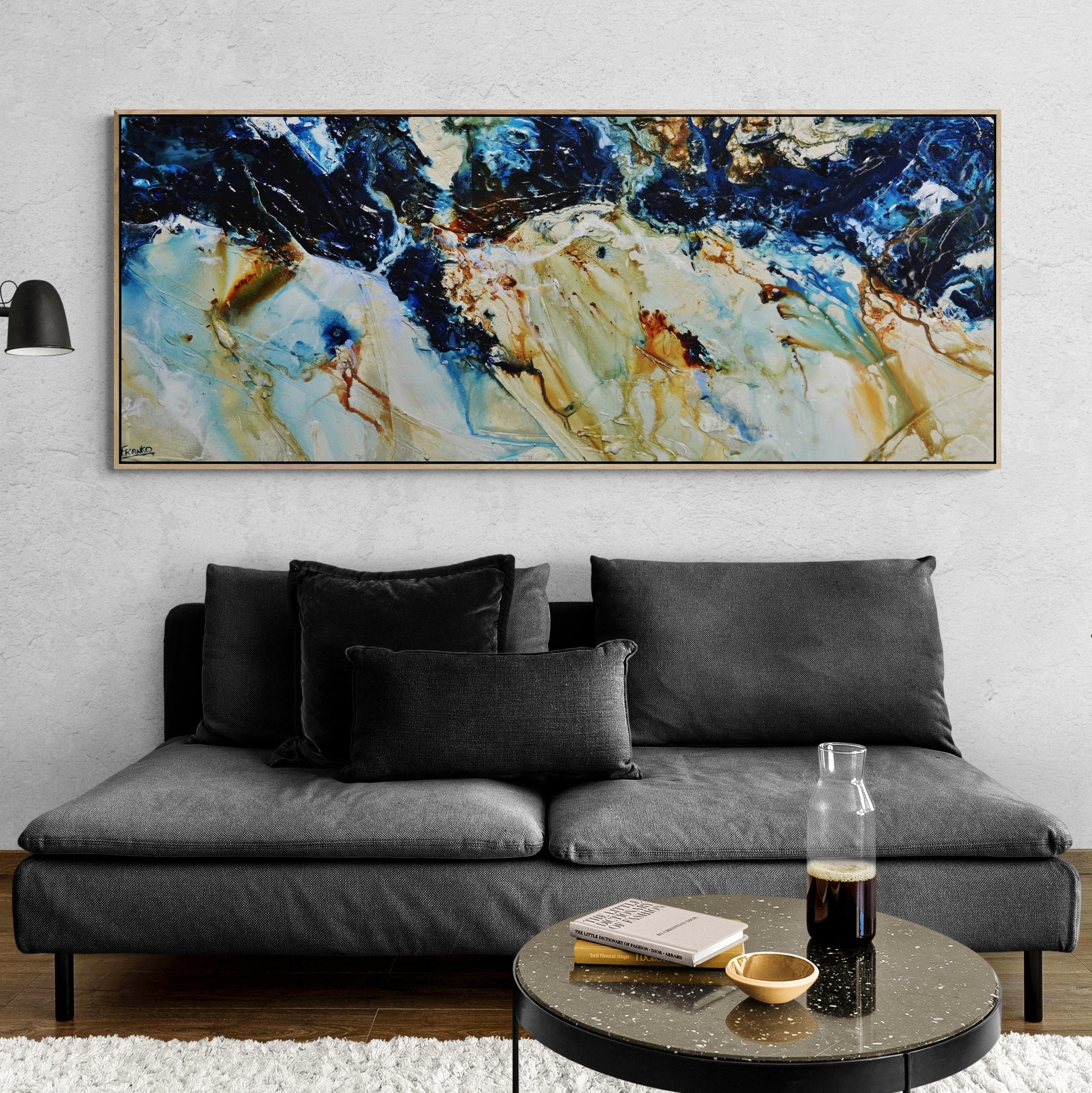 After Midnight 200cm x 80cm Blue Ochre Textured Abstract Painting-Abstract-Franko-[huge]-[Australian]-[best Selling]-Franklin Art Studio